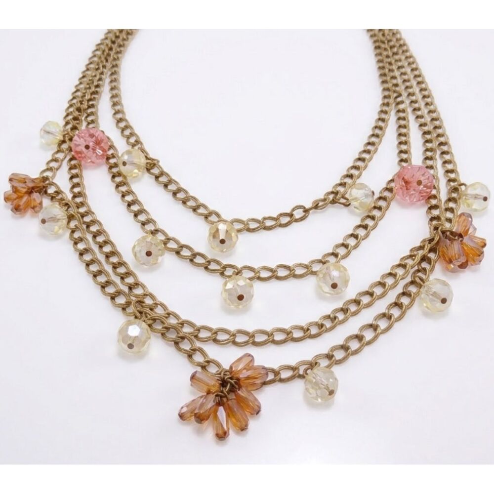 NWT 145 Lee Angel Gold Multi Strand Lucite Bead Fringe Charm Necklace